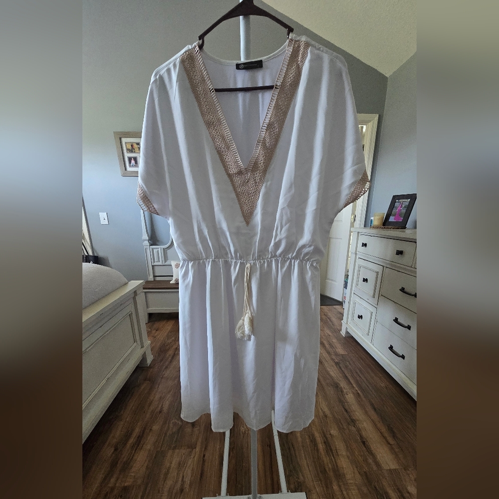 White Dress with Tan Crochet Trim